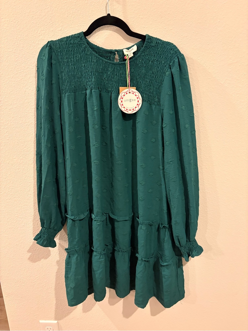 Umgee Teal Tiered Long-Sleeve Smocked Yoke Dress